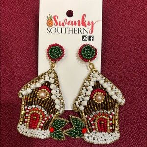 Hand Beaded Gingerbread House Christmas Earrings. 3” Total Length. New!